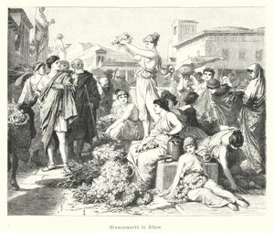 Blomstermarknad i Aten, antikens Grekland (gravyr) av German School