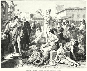 Blomstermarknad i Aten, antikens Grekland (litho) av German School