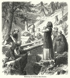 Stiftelsen av Abbey of St Gall, Schweiz, 800-talet (gravyr) av German School