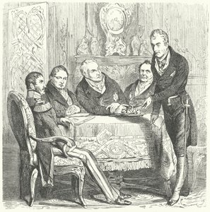 Fredrik Vilhelm III av Preussen i diskussioner med sin premiärminister Karl August von Hardenberg och Klemens von Metternich, Österrikes utrikesminister (gravyr) av German School