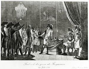 Fredrik den Store tar emot sin svåger Fredrik, markgreve av Brandenburg-Bayreuth som frimurare i Berlin 1740 av German School