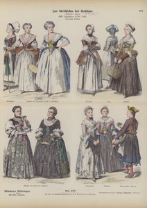 Franska och tyska borgerliga kvinnokostymer, sent 1700-tal (färgad gravyr) av German School