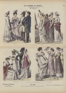 Franska och tyska dräkter, tidigt 1800-tal (färgad gravyr) av German School