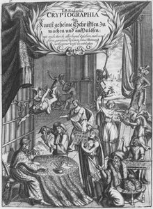 Frontispice, illustration från Cryptographia, eller hemliga skrifter av Johann Balthasar Friderici, graverad av Johan Friedlein (1600-talet) publicerad i Hamburg, 1685 av German School
