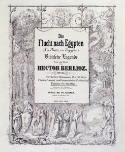 Frontispice av musikaliska partitur av tyska utgåvan av "" Flygningen till Egypten, opus 25"" ouvertyr av den franske romantiska kompositören Hector Berlioz av German School