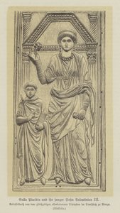 Galla Placidia, dotter till den romerske kejsaren Theodisius I, och hennes son, Valentinian III (gravyr) av German School