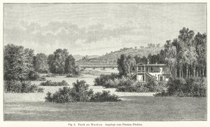 Trädgårdsdesign: Muskau Park, Tyskland, anlagd av Prins Hermann von Pueckler-Muskau (gravyr) av German School