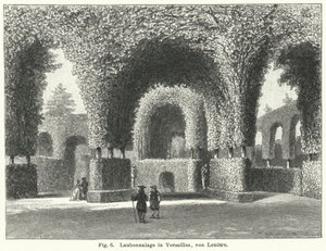 Trädgårdsdesign: bersåer i trädgårdarna i Versailles, Frankrike, anlagda av Andre le Notre på 1600-talet (gravyr) av German School