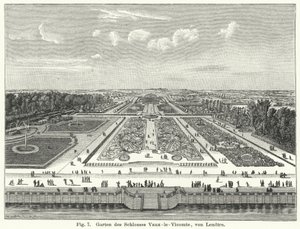 Trädgårdsdesign: trädgårdarna i Chateau de Vaux-le-Vicomte, Maincy, Frankrike, anlagda av Andre le Notre på 1600-talet (gravyr) av German School