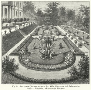 Trädgårdsdesign: stor parterre i Monrepos, bo efter bankiren och amatörastronomen Heinrich Eduard von Lade, Geisenheim, Tyskland (gravyr) av German School