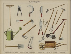 Trädgårdsredskap (färg litho) av German School