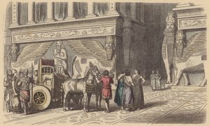 Porten till ett assyriskt palats (färgad gravyr) av German School