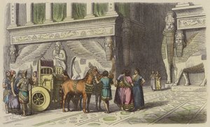 Porten till ett assyriskt palats (färgad gravyr) av German School