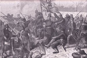 General von Budretzky ledde attacken mot Le Bourget, Cassells History of the War between France and Germany publicerad av Cassell and Company Limited, ca 1890 (litho) av German School