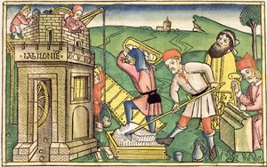 Första Mosebok 11 1-9 Bygga Babels torn, från Nürnbergbibeln (Biblia Sacra Germanaica) (färgat träsnitt) av German School