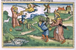 Första Mosebok 21 1-14 Abrahams offrar av Isak, från Nürnbergbibeln (Biblia Sacra Germanaica) (färgat träsnitt) av German School
