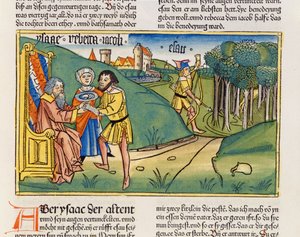 Första Mosebok 27 6-29 Jakob får Isaks välsignelse, från Nürnbergbibeln (Biblia Sacra Germanaica) (färgat träsnitt)