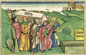 1 Mosebok 49:28-33 Jakobs begravning, från Nürnbergbibeln (Biblia Sacra Germanaica) (färgat träsnitt) av German School