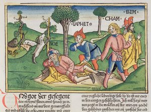 1 Mosebok 9 20-27 Noa täckt med en mantel av sina söner Sem, Ham och Japeth, från Nürnbergbibeln (Biblia Sacra Germanaica) (färgat träsnitt)