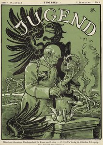 Tysklands förbundskansler Otto von Bismarck håller i det heliga romerska rikets krona (färg litho) av German School