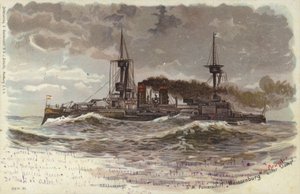 Tyska slagskeppet SMS Weissenburg, sent 1800-tal eller tidigt 1900-tal (lito i färg) av German School