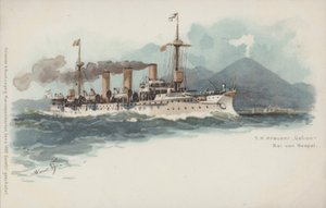 Tyska kryssaren Gefion i Neapelbukten, Italien (chromolitho) av German School