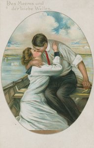 Tysk man och kvinna kysser i en båt, vykort skickat den 10 september 1913 av German School