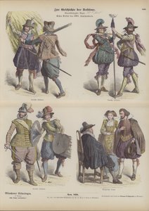 Tyska militär- och borgerliga dräkter, tidigt 1600-tal (färgad gravyr) av German School