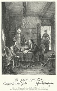Tysk filosof och dramatiker diskuterar religion med Moses Mendelssohn och Johann Kaspar Lavater (gravyr) av German School