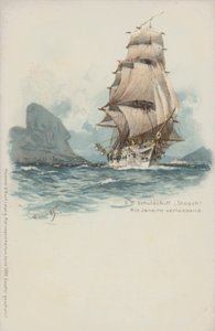 Tyska träningsfartyget Stosch lämnar Rio de Janeiro, Brasilien (chromolitho) av German School