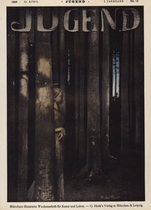 Flicka som går i en skog på natten (färg litho) av German School