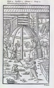 Glasbruk, illustration som visar marmorugnen och glasblåsare (träsnitt) av German School