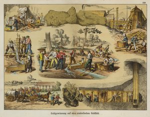 Guldbrytning i guldfälten i Australien (färg litho) av German School
