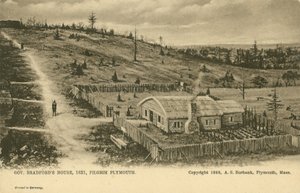 Guvernör William Bradfords hus, Plymouth Colony (litho) av German School