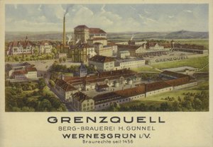 Grenzquell Brewery, Wernesgrun, Sachsen, Tyskland (färg litho) av German School