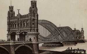 Hamburg: Neue Elbbrücke, Nya bron över Elbe (litho) av German School