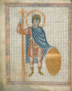 Harley 3045 fol.2 Kejsar Ludvig I, den fromme, med kors och sköld, från 