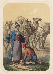 Harun al Rashid och Abdallah i en scen ur Tusen och en natt (färg litho) av German School