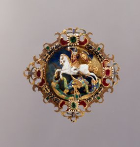 Hatt Agrafe med St. George (guld, emalj, rubin och smaragd) av German School