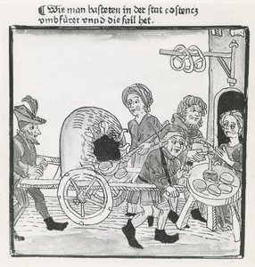 Hawker of Pancakes and Pretzels, under konciliet i Konstanz 1417, efter ett inkunabulum, ca 1485 (penna och bläck på papper) av German School