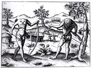 Huvudlösa män och kvinnor, illustration från Sir Walter Raleighs redogörelse för Guyana, publicerad i Nürnberg, 1599 av German School