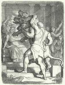 Herakles för Cerberus till kung Eurystheus (gravyr) av German School