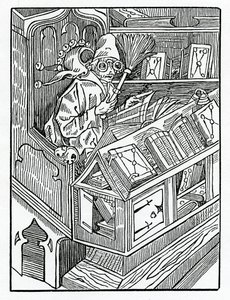 Här börjar folesna och de första onyttiga bokarna, illustration från Alexander Barclays engelska översättning av 