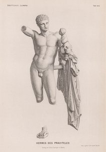 Hermes och spädbarnet Dionysos, skulptur tillskriven Praxiteles utgrävd i Olympia, Grekland (gravyr) av German School
