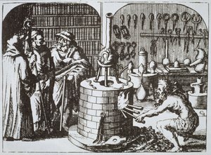 Hermetiska filosofer och en alkemist, från Museum Hermeticum av Michael Majer (1625) illustrerad i en magisk historia publicerad i slutet av 1800-talet av German School
