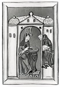 Hildegard av Bingen tar emot ljuset från himlen, ca 1151 (vellum) (s/v foto) av German School