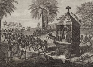 Hinduiska tillbedjare drar en bil av Juggernaut i det antika Indien. Illustration för Bilder-Atlas (gravyr) av German School
