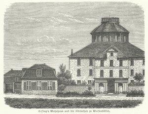 Hem för den tyske filosofen och dramatikern Gotthold Ephraim Lessing och biblioteket i Wolfenbuettel (gravyr) av German School