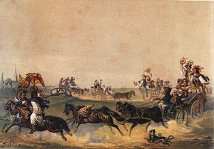 Ungersk bröllopsprocession, ca 1855 (färg litho) av German School