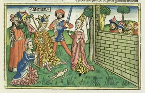 I Kungaboken 3 16-28 Salomos dom, från Nürnbergbibeln (Biblia Sacra Germanaica) (färgat träsnitt) av German School